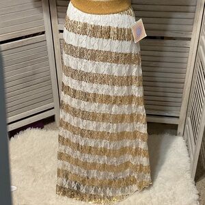 NEW-2XL- Limited Edition Gold And White Striped Sequin Maxi Skirt